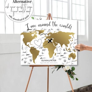Modello di cartello per libro degli ospiti con mappa del mondo a tema viaggio per la decorazione di matrimoni a destinazione, alternativa al libro degli ospiti #072g