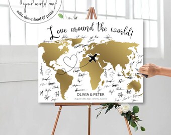 World Map Guestbook Sign Template, Travel Wedding Guestbook Alternative 072G-GBSI