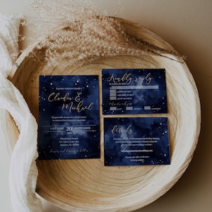 Celestial Starry Night Wedding Invitation Template, Navy Gold Moon Invitation Suite #066