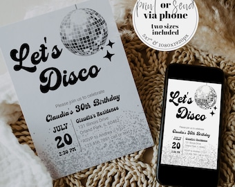 Invitation de fête d&#39;anniversaire rétro Let&#39;s Disco | Fête d&#39;anniversaire disco groovy des années 70 | Anniversaire d&#39;un adulte, tout âge | Téléchargement instantané #065d