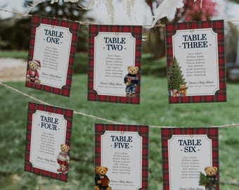 Christmas Teddy Bear Seating Card Template, Red Plaid Winter Baby Shower Decor 068CH-SEAT