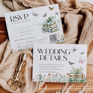 May include: RSVP card with a floral design and butterflies. The card includes a QR code and a menu for guests. A separate card with a floral design and butterflies reads "Wedding Details" and includes a website address.