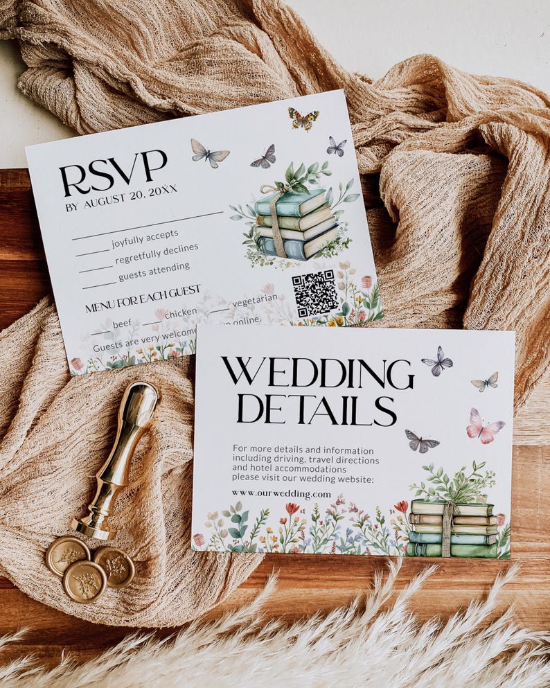 May include: RSVP card with a floral design and butterflies. The card includes a QR code and a menu for guests. A separate card with a floral design and butterflies reads "Wedding Details" and includes a website address.