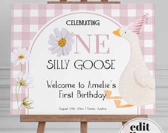 One Silly Goose Welcome Sign, Pink Gingham First Birthday Template 004SG-WLCM