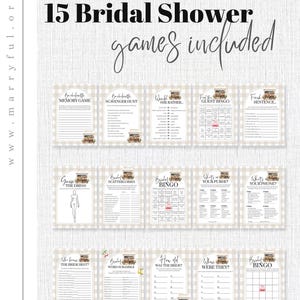 May include: A set of 15 printable bridal shower games. The games are designed with a rustic theme and feature a floral pattern. The games include "Bachelorette Memory Game", "Bachelorette Scavenger Hunt", "Would She Rather", "Find the Guest Bingo", "Finish the Sentence", "Guess the Dress", "Bridal Scattergories", "Bridal Bingo", "What's in Your Purse", "What's in Your Phone", "Who Knows the Bride Best", "Bridal Word Scramble", "How Old Was the Bride", "Where Were They", and "Bridal Bingo".