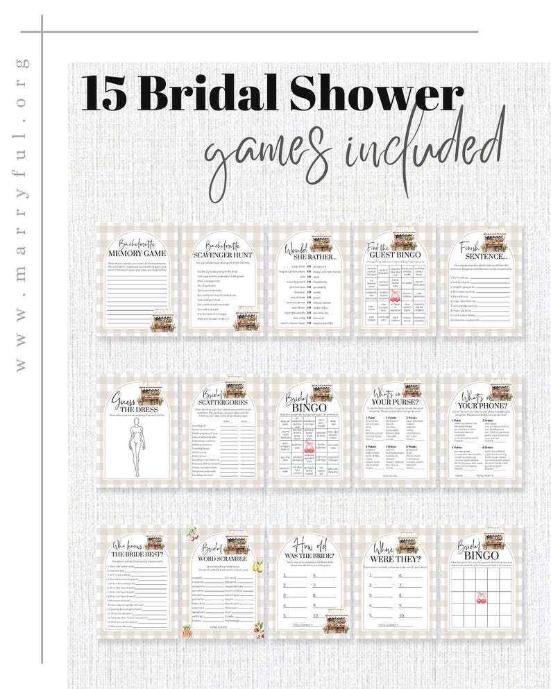 May include: A set of 15 printable bridal shower games. The games are designed with a rustic theme and feature a floral pattern. The games include "Bachelorette Memory Game", "Bachelorette Scavenger Hunt", "Would She Rather", "Find the Guest Bingo", "Finish the Sentence", "Guess the Dress", "Bridal Scattergories", "Bridal Bingo", "What's in Your Purse", "What's in Your Phone", "Who Knows the Bride Best", "Bridal Word Scramble", "How Old Was the Bride", "Where Were They", and "Bridal Bingo".
