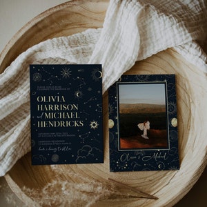 May include: A navy blue wedding invitation with gold celestial illustrations and text. The invitation reads "Please join us as we celebrate the marriage of Olivia Harrison and Michael Hendricks. Saturday, May 20th, 2023 at 3 o'clock in the afternoon. Harrison Residence, 21 Sherman Street, Miami FL.  Book & Dining to follow."