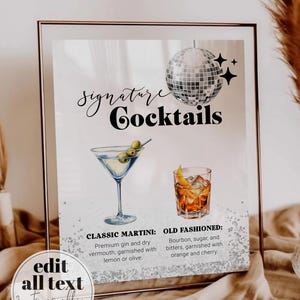 Letrero de menú de cócteles de autor para cócteles de los años 70, carta de bebidas con bola de discoteca moderna, plantilla editable de letrero de cóctel de bar de martini n.° 065d
