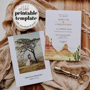 Plantilla de invitación de boda bohemia en el desierto, editable, con cactus de Arizona, compromiso imprimible en el desierto de Monument Valley #064