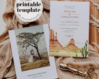 Desert Wedding Invitation Template, Boho Cactus Destination Editable Invite 064AR-WEINV