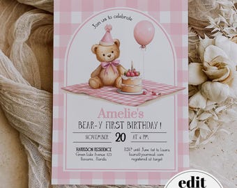 Beary First Birthday Invitation Template, Pink Gingham Teddy Bear Picnic Birthday Invite 098PI-BINV