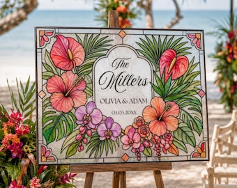Tropical Hawaiian Wedding Last Name Sign Template, Faux Stained Glass Island Keepsake Printable 035STGL-WLCM