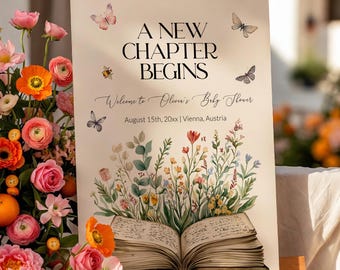 Storybook Baby Shower Welcome Sign, New Chapter Begins Book Theme Library Decor 077ST-WLCM
