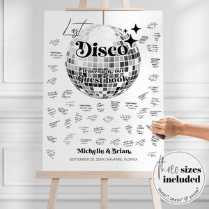 Silber Diskokugel Hochzeitsgästebuch Schild für 70er Jahre Retro Hochzeit | Tolles Gästebuch-Schild | Gästebuch Alternative | Druckbare Vorlage #065d