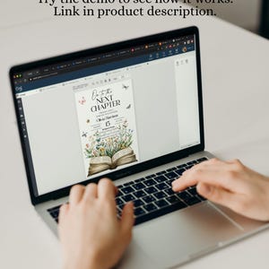 May include: A laptop displaying a digital invitation design. The invitation features the text "On to the Next Chapter" with floral and butterfly illustrations. The screen also displays the text "Try the demo to see how it works. Link in product description."