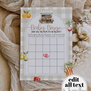 Lokaal geteelde babyshower bewerkbare bingokaarten, boerenmarktstandaard babybingo, afdrukbare sjabloon vegetarische babyspellen Homegrown baby #068