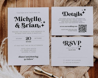 70s wedding invite for Retro Wedding Invitation Suite with rsvp and details card 065B-BSINV