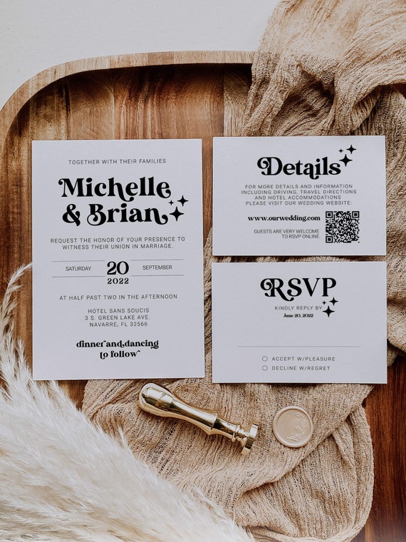 70s wedding invite for Retro Wedding Invitation Suite with rsvp and details card 065B-BSINV