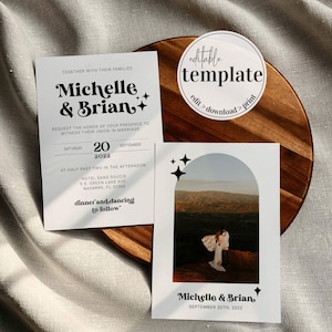 Op de afbeelding: Huwelijksuitnodiging met een zwart-wit ontwerp. De uitnodiging bevat de namen "Michelle & Brian" in een vetgedrukt, gestileerd lettertype. De uitnodiging bevat de datum "20 september 2022" en de locatie "Hotel Sans Soucis, 3 S. Green Lake Ave, Navarre, FL 32566".