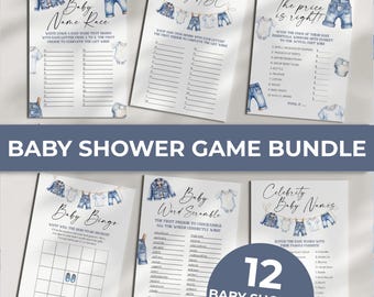 Blue Jean Baby Shower Games Bundle Template, Denim Shower Printable Game Pack 013BJ-GAMEB