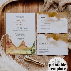 Boho Desert Wedding Invitation Set, Monument Valley Cactus Earthy Template 064AR-WEINV