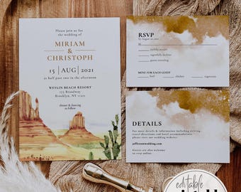 Boho Desert Wedding Invitation Set, Monument Valley Cactus Earthy Template 064AR-WEINV