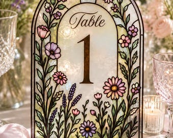 Modelo de Número de Mesa em Vitral Falso, Design de Acrílico para Desenho de Casamento com Flores Silvestres (035STGL-TBNR)
