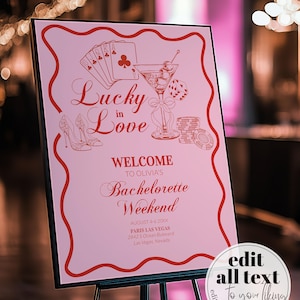 Lucky in Love Handwritten Bachelorette Welcome Sign, Las Vegas Bridal Shower Girls Trip Bach Weekend Editable Decoration Sign Template #072