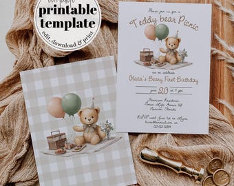 Beary First Birthday Invitation Template, Beige Neutral Teddy Bear Picnic Birthday Invite 098BE-BINV