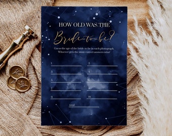 Celestial Bridal Shower Game How Old, Navy Watercolor Design, Printable Editable Digital Template 066CE-BRSGAME