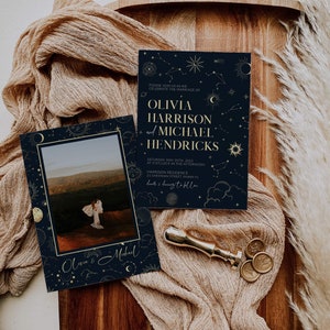 May include: A wedding invitation with a celestial theme. The invitation is navy blue with gold accents and features a constellation design. The text on the invitation reads "Please join us as we celebrate the marriage of Olivia Harrison and Michael Hendricks. Saturday, May 20th, 2023 at 3 o'clock in the afternoon. Harrison Residence, 21 Sherman Street, Miami, FL. Dinner & Dancing to follow."
