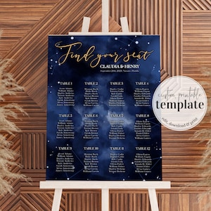 Celestial Wedding-kaartsjabloon voor afdrukbaar bord, sterrennachtkaart voor stoelenkaart voor Moon Wedding #066