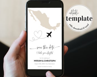 Mexico Destination Wedding Invitation Template, Travel Theme Beach Save the Date 072W-PINV-MX2