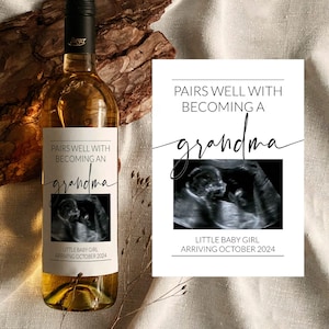 Pregnancy Announcement Wine Label for Grandparents Daddy Aunt or Uncle with Ultrasonic Photo perfect Wine Bottle Gift #072