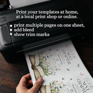 May include: A black printer printing graduation party invitations. The invitations feature floral and butterfly illustrations, with the text "On to the Next Chapter." The printer also displays the text: "Print your templates at home, at a local print shop or online."