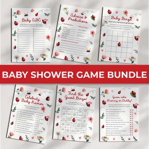 May include: A baby shower game bundle featuring six printable games with ladybug and floral illustrations. Games include Baby ABC, Advice & Predictions, Baby Bingo, Celebrity Baby Names, Find the Guest Bingo, and Guess Who Mommy or Daddy.