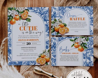 Little Cutie Citrus Baby Shower Invitation, Amalfi Coast Toile Mediterranean Invite Suite 102OR-BSINV