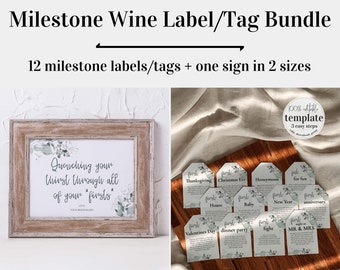 Bundle: Marriage Milestone Wine Tags and Matching Sign, Year of firsts wine gift basket digital template #002