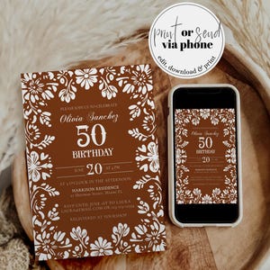 Peut inclure: Une invitation d'anniversaire marron avec une bordure florale blanche et du texte. L'invitation indique "Olivia Sanchez 50 Anniversaire 20 Juin". Un smartphone affiche le m&ecirc;me design. L'image comprend &eacute;galement un graphique circulaire qui dit "imprimer ou envoyer par t&eacute;l&eacute;phone".