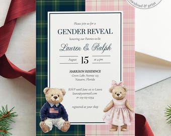 Gender Reveal Invitation Template, Preppy Polo Teddy Bear Plaid Party Theme, Digital Download 068GER-INV
