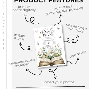May include: A digital invitation design with the text "A New Chapter Begins" for a baby shower. The design includes floral illustrations, butterflies, and the option to edit text, font, and upload photos. Features include instant access and matching clipart.