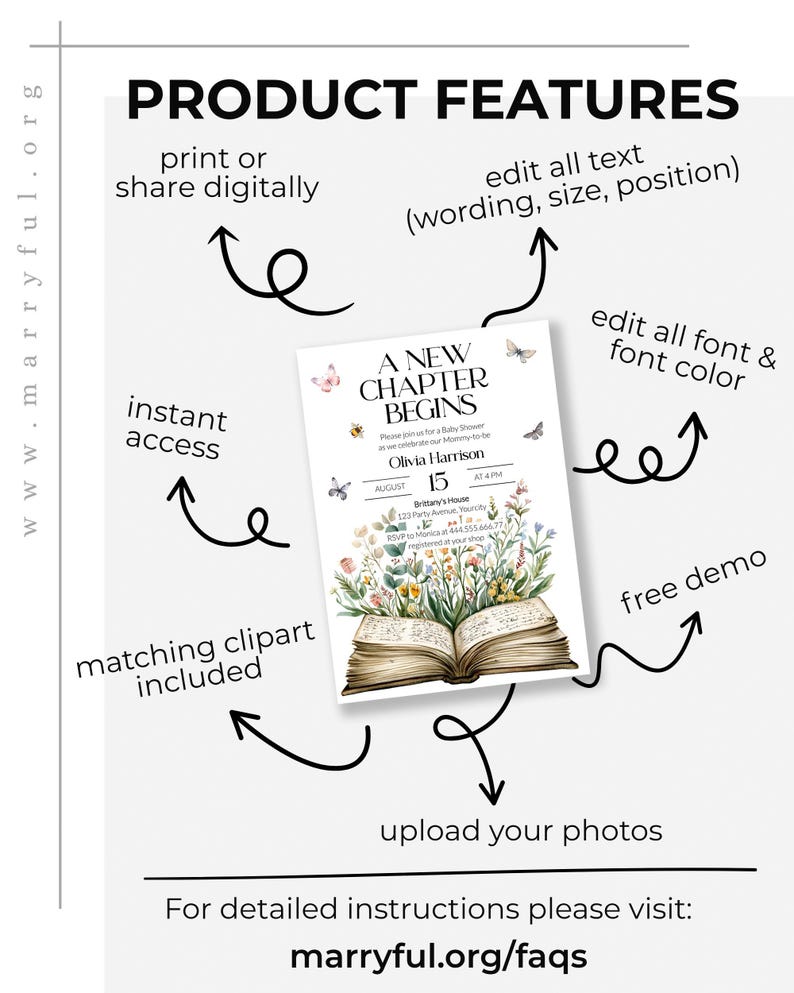 May include: A digital invitation design with the text "A New Chapter Begins" for a baby shower. The design includes floral illustrations, butterflies, and the option to edit text, font, and upload photos. Features include instant access and matching clipart.