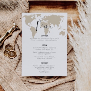 Travel Wedding Menu Card for Destination Wedding Decor with World Map 072w image 2