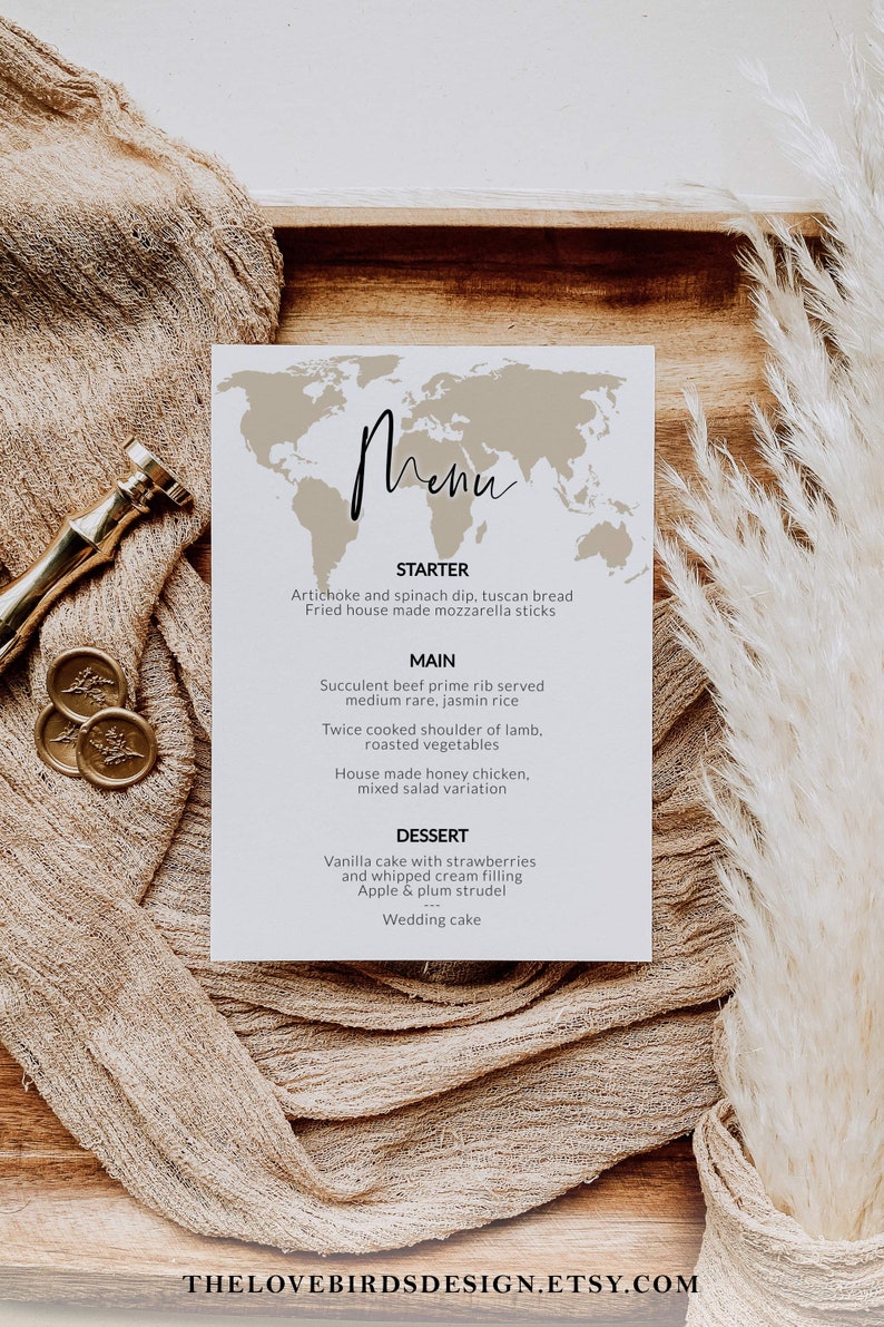 Travel Wedding Menu Card for Destination Wedding Decor with World Map 072w image 2