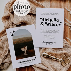 May include: Wedding invitation with a black and white design. The invitation features a photo of a couple in front of a mountain range. The text on the invitation reads "Michelle & Brian" and "September 20th, 2022".