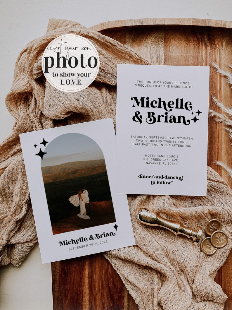 May include: Wedding invitation with a black and white design. The invitation features a photo of a couple in front of a mountain range. The text on the invitation reads "Michelle & Brian" and "September 20th, 2022".