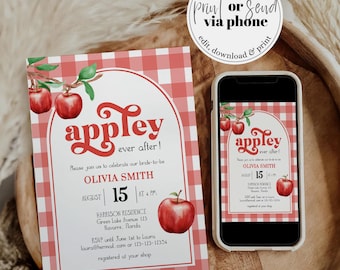 May include: A bridal shower invitation with a red and white gingham pattern. The invitation features the text "appley ever after!" and details for Olivia Smith's bridal shower, including the date, time, and location. A smartphone displays the same design.