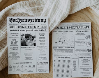 DEUTSCH Hochzeitszeitung Template, Newspaper Wedding Program Timeline Itinerary Crossword Editable Folded Modern Printable 065B-WENP