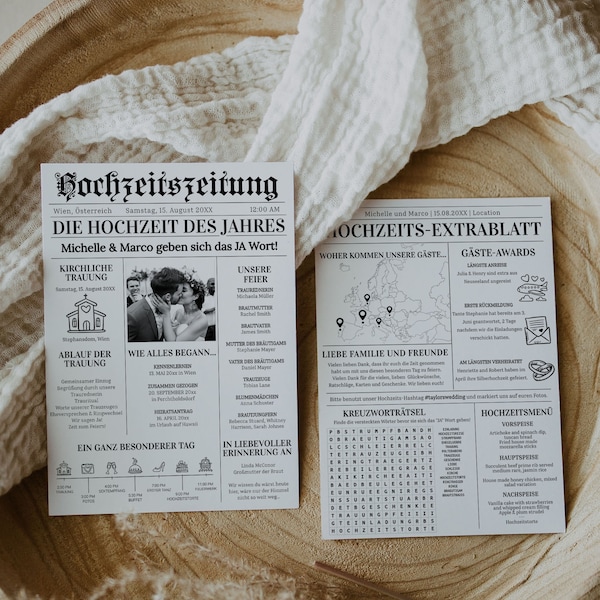 DEUTSCH Hochzeitszeitung | Newspaper Wedding Program Template, Editable Program Template with Timeline, Itinerary and Crossword Puzzle #065b