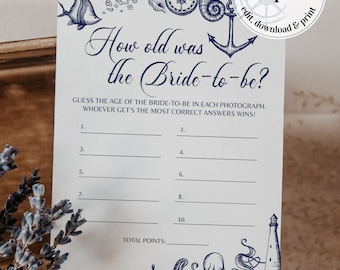 Nautical Bridal Shower Game Template, How Old Was the Bride Beach Theme 071NA-GAME